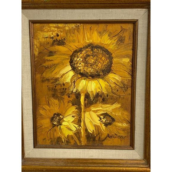 60s Vintage Original Oil Painting Small 17.5 x 15.5" Sunflowers with Frame 6390 - Picture 3 of 10